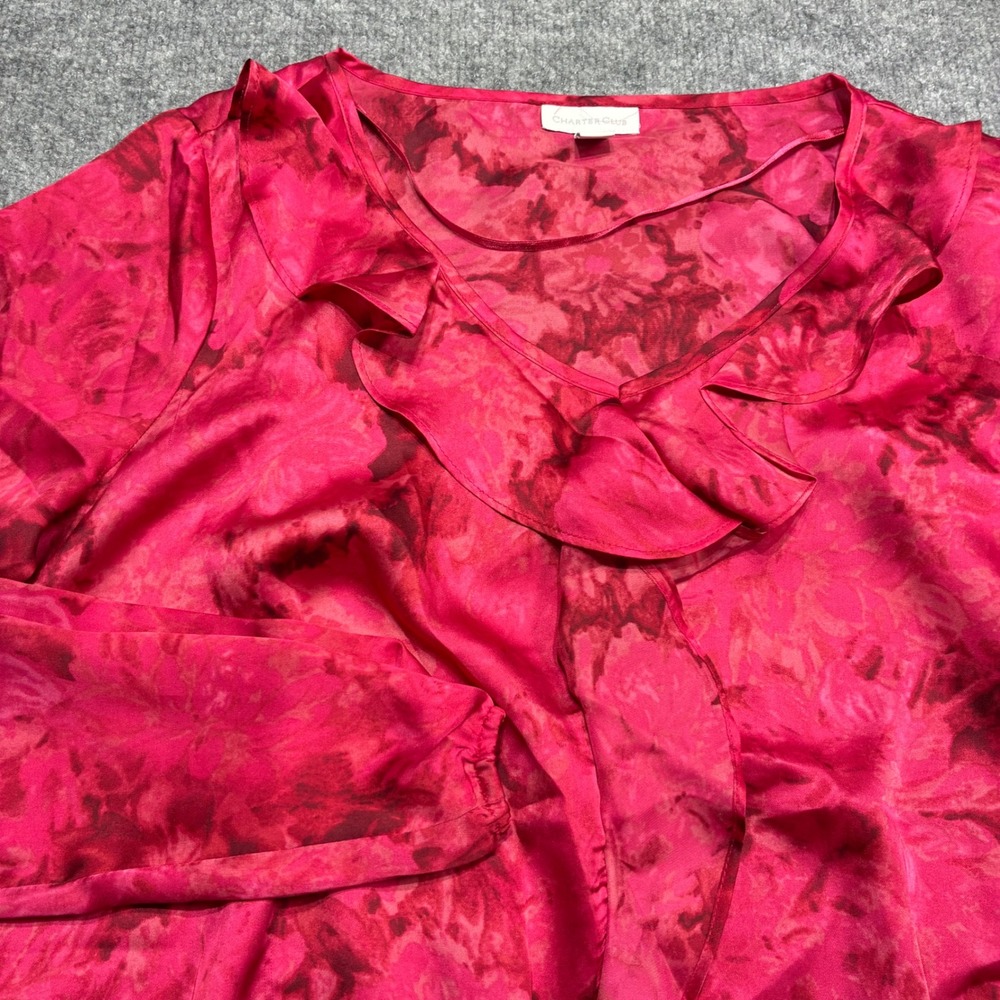 Charter‎ Club Blouse Womens L Pink Red Floral Ruffle V-Neck Smocked Hem Preppy